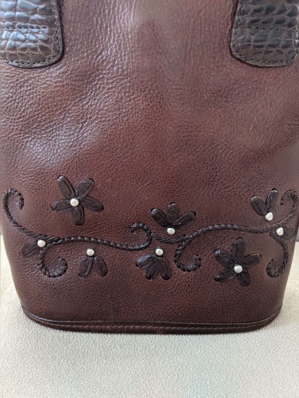 BRIGHTON Women's Brown Floral Embossed Leather Tote